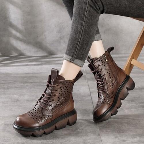 Retro Genuine Leather Women Sandals 2021 New Summer Shoes Zip Handmade Concise Hollow Lace-Up Platform Ladies Sandals