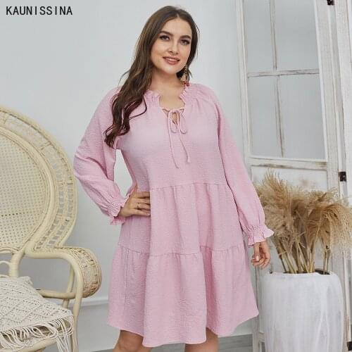 Women Long Sleeve Pink Plus Size Dresses L-4XL Knee-Length Spring Summer Casual Streetwear Dress Ladies Fashion Vestidos