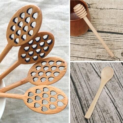 1Pc Wood Honey Dipper Sever Mixing Stick Spoon Honeycomb Heart Pattern