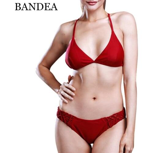 BANDEA bikini brand 2019 new sexy swimwear thong bottom swimsuit solid vintage biquini crochet halter swimwear beach wear KM069