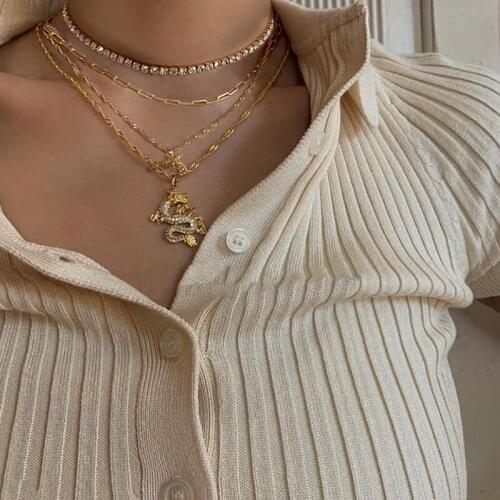 Caraquet Fashion Shine Crystal Dragon Pistol Pendant Necklace for Women Multilayer Crystal Tennis Chain Choker Necklace Jewelry