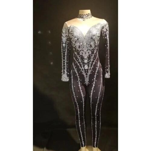 Black Rhinestones Pattern Nude Jumpsuit Dance Wear One Piece Bodysuit Womens Party Female Singer Crystals Costume Show Outfit