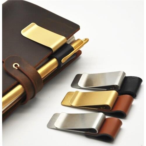 1Pc Metal Leather Pen Holder Brass Stainless Steel Pencil Clip Vintage Dairy Notebook Pen Holder Spiral Loose Leaf Memo Clip