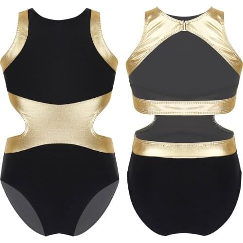 Kids Girls Ballet Dance Gymnastics Leotard Sleeveless Dance Wear Metallic Splice Children Hollow Out Bodysuit Jumpsuit SZ 4-14
