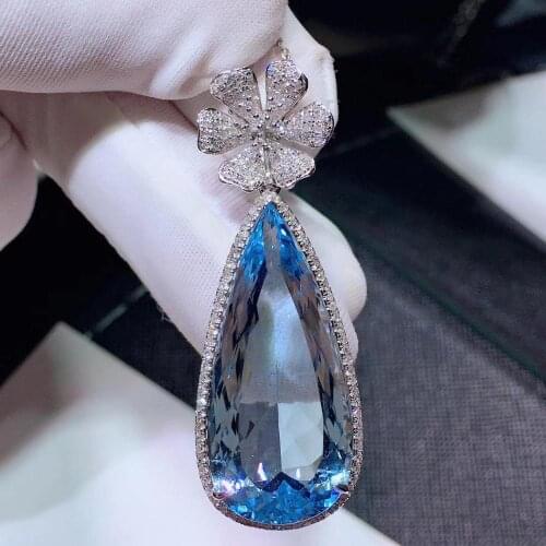 H619 Fine Jewelry 8K White Gold AU750 Natural Blue Aquamarine 17.25ct Gemstones Diamonds Ladys Pendants for Women Fine Necklace