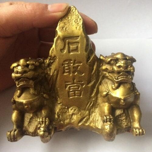 Chinese fengshui dispel evil Gate Guardian foo fu dog lion statue pair ShiGandang metal handicraft