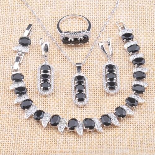 2020 New Black Crystal Silver Color Wedding Jewelry Sets For Women Drop Earrings Rings Bracelet Necklace Christmas Gifts YZ0703