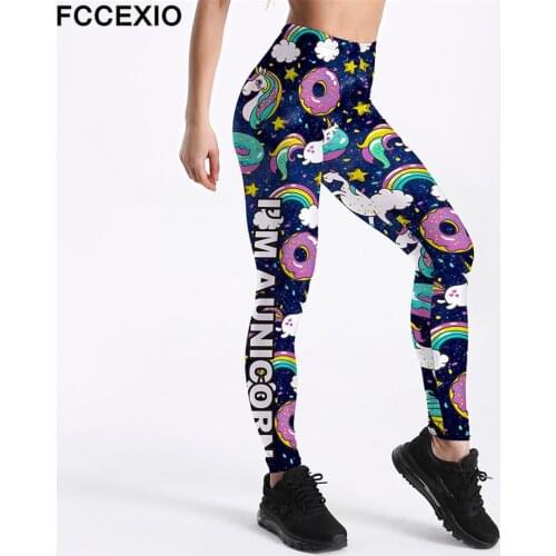 FCCEXIO Summer New Pencil Pants Rainbow Black Unicorn Donut Pony Print Elastic Slim Fitness Workout Plus Size Women Leggings