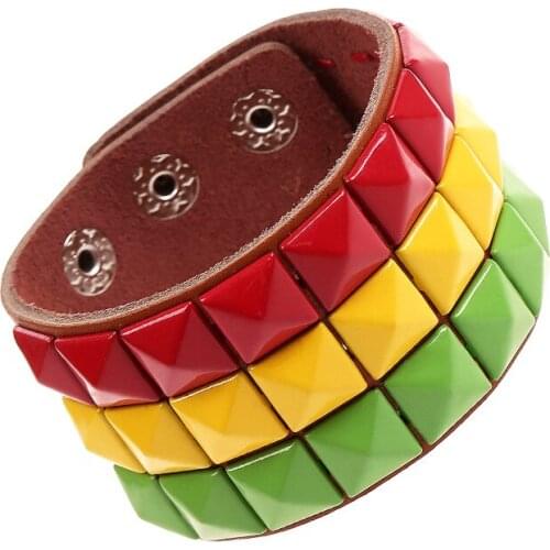 Colorful Tetragonal Nail Casual Brown Genuine Leather Punk Men Wrap Bracelets New Arrival Adjustable Women Bracelets