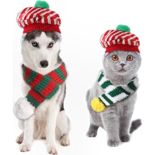 Pet Knitted Christmas Scarf Set Creative Teddy Bib Plaid Hat Cat Pet Products