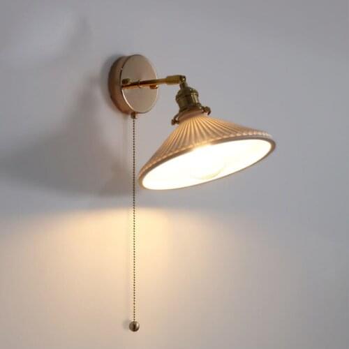 European-style Retro Wall Lamps Bedroom Bedside Corridor Aisle Hand-made Ceramic Adjustable Angle Pull Rope Switch Bracket Light