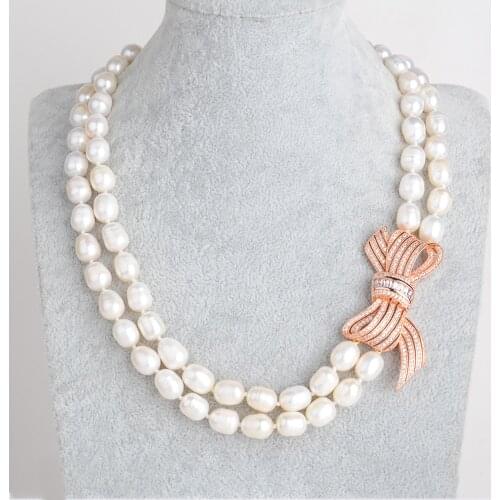2 Strands Natural White Rice Pearl CZ Necklace