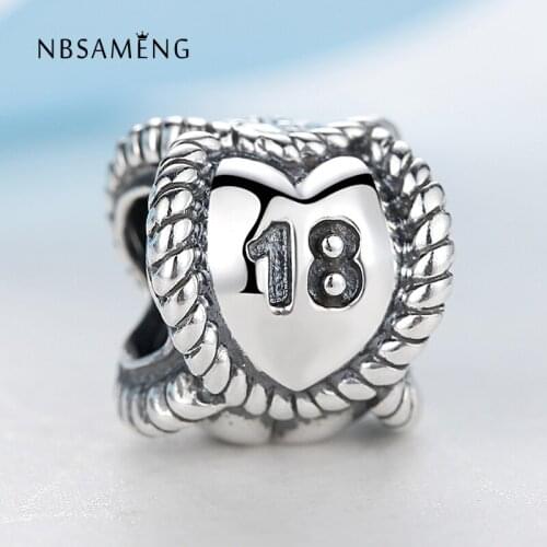 Authentic 100% 925 Sterling Silver Number 18 Love Heart Birthday Anniversary Gift Eighteen Charm Fit Bracelets & Bangles