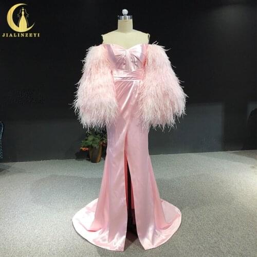 Rhine real Pictures Sweatheart Big Sleeves Pink Feather Satin Mermaid Arabic платье 2021 Evening Dresses Long