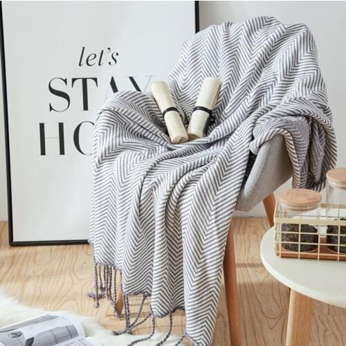 REGINA Wave Stripe Knit Texture Throw Blanket Brown Gray Fringes Crochet Cotton Breathable Sofa Bed TV Travel Wearable Blankets