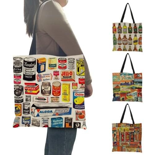 Vintage 80s America Culture Can Pattern Women Handbag Shoulder Bag Large Capacity Shopping Bags for Groceries with Handle