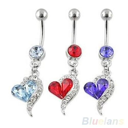 Bluelans 1pcs Rhinestone Crystal Heart Barbells Navel Belly Bar Button Ring Body Piercing