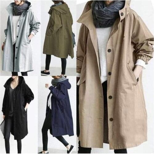 Women Coat 2021 Autumn Solid Color Pocket Hooded Windbreaker Long Trench Coat Office Lady Casual Fashion Outerwear Cloak Female