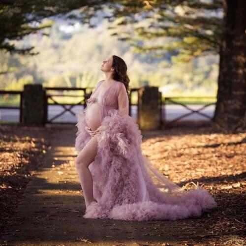 2021 Bridal Pink Tulle Maternity Robes Sheer See Through Fluffy Maternity Party Dress Long Sleeve Women Evening Dressing Gown
