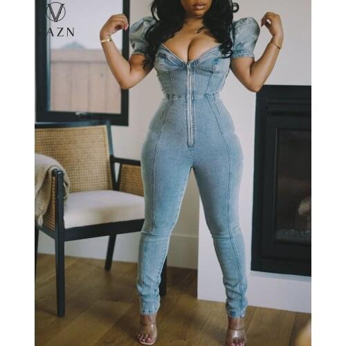 VAZN 2021 Hot Office Lady Denim Plus Size High-end Jumpsuits Europe And America Short Sleeve High Waist Skinny Pencil Jumpsuits