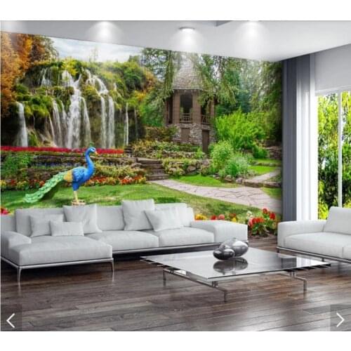 3 d Green Nature Peacock Waterfall Wallpaper Murals for Living Room Garden Wall Paper 3D Printed Photo Wallpapers Mural Floral