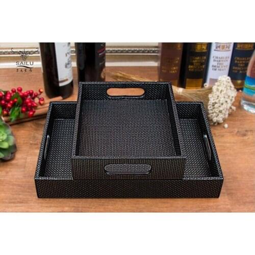 40x30cm rectangle wooden structrue leather serving tray wood platter leather tray for food storage PFT002