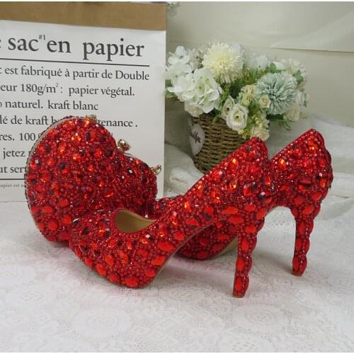 BaoYaFang Red rhinestone Women wedding shoes with matching bags Bride woman shoes and purse Platform shoes female Pumps