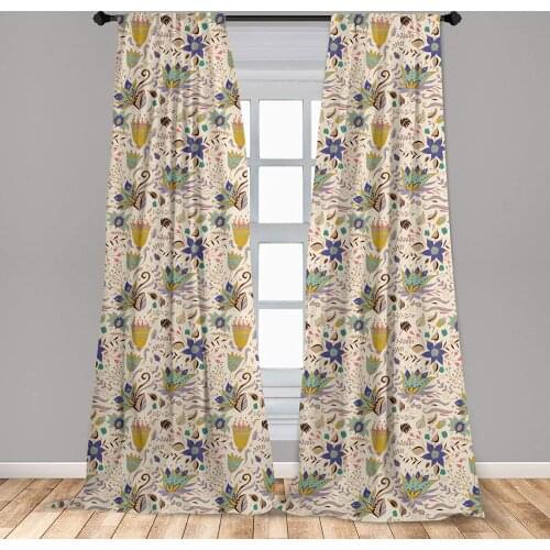Beige Green Botanical Window Curtains Abstract and Floral Pattern on Pastel Background Romantic Lightweight Decorative