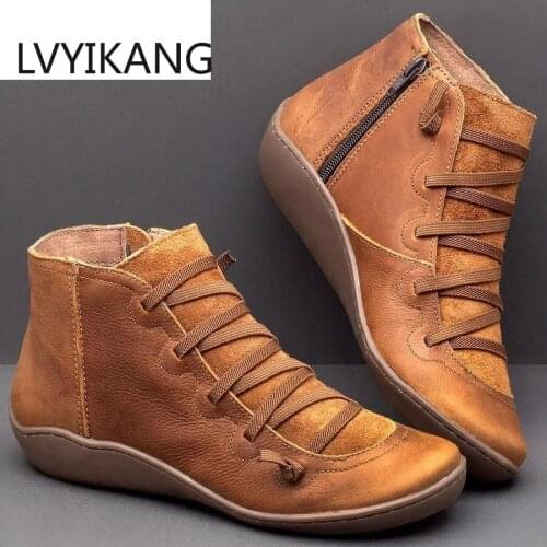 Womens PU Leather Ankle Boots Women Autumn Winter Cross Strappy Vintage Women Punk Boots Flat Ladies Shoes Woman Botas Mujer