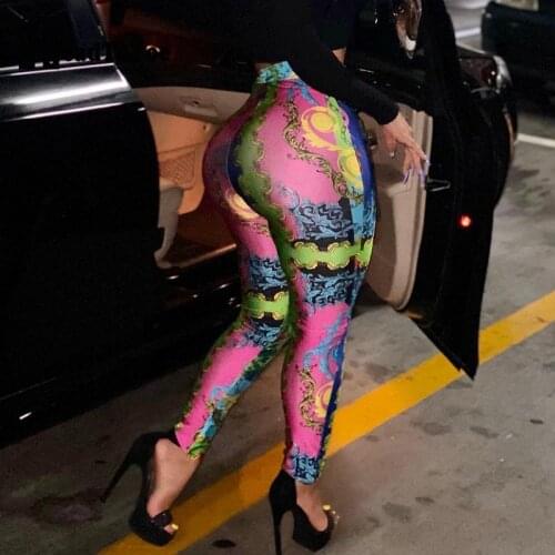 Multi Printed Bodycon Pants Women Sexy High Waist Skinny Pants Streetwear