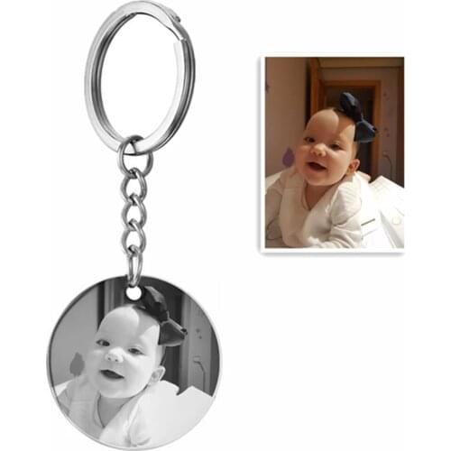 Stainless Steel Exquisite Jewelry Silver Customized Personalized Round Key Chain Carving Baby Photo Name Jewelry