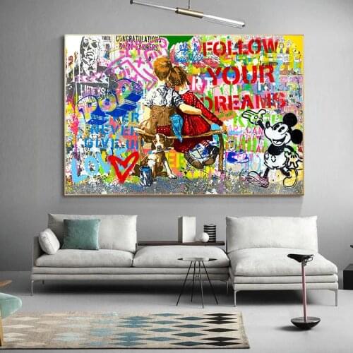 Graffiti Art Disney Mickey and Minnie Hugging Canvas Paintings Posters and Prints Wall Art Pictures Cuadro for Living Room Decor