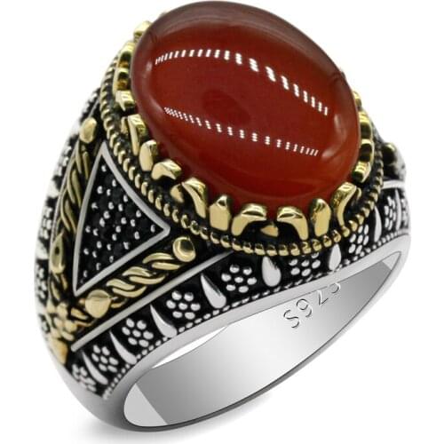 925 Silver Men And Women Fashion Oval High Quality Natural Red Agate Stone Ring Fashion Jewelry Turkish Punk Trend Wedding Ring