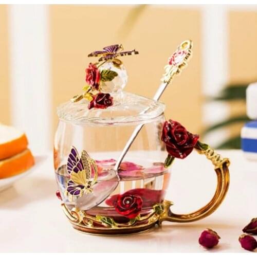 Red Rose Enamel glass coffee mugs tea cups and mugs Handmade heat resistant glasses water Cup drinkware lover gift wedding cup