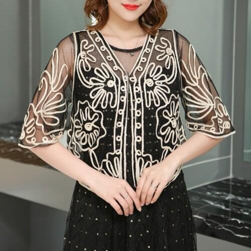 Summer Vintage Fashion Casual Embroidery Half Sleeve Open Stitch Pattern Mesh Black White Beige Ponchos And Capes 9925