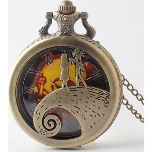 Hot Sell Classic Retro Bronze Hollowed Nightmare before Christmas Dial Quartz Pocket Watches Wholesale