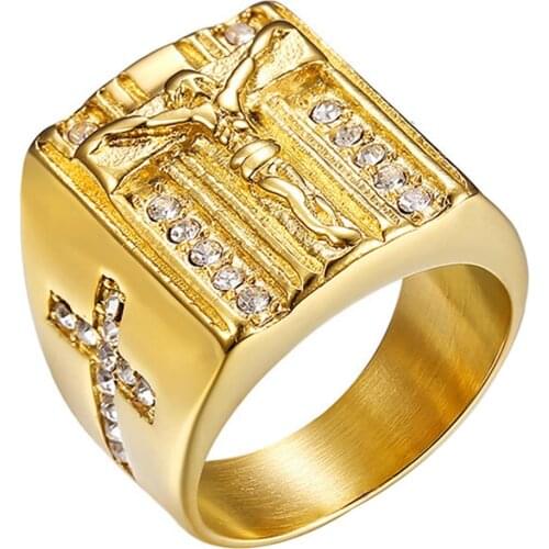 BONISKISS Stainless Steel Christian Jesus Cross Ring Gold Color Hip Hop Men Religious Jewelry Dropshipping Bague homme Gift