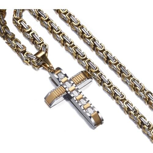 Mens Silver Color Gold Black Blue Color Stainless Steel Byzantine Chain Rhinestone Cross Pendant Neckalce