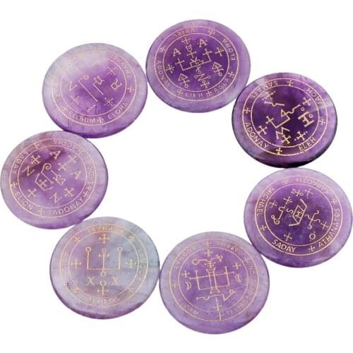 TUMBEELLUWA 1Lot (7Pc) Round Purple Crystal Palm Stone Engraved Magic Archangel Symbol Chakra Healing Crystal Set