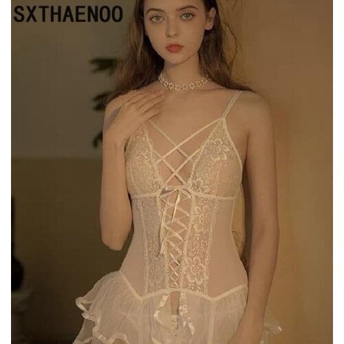 SXTHAENOO Fairy Nightgown Mesh Lace Strap Nightdress Princess Women Temptation Sexy See Through Night Dress Nightwear Sleepwear