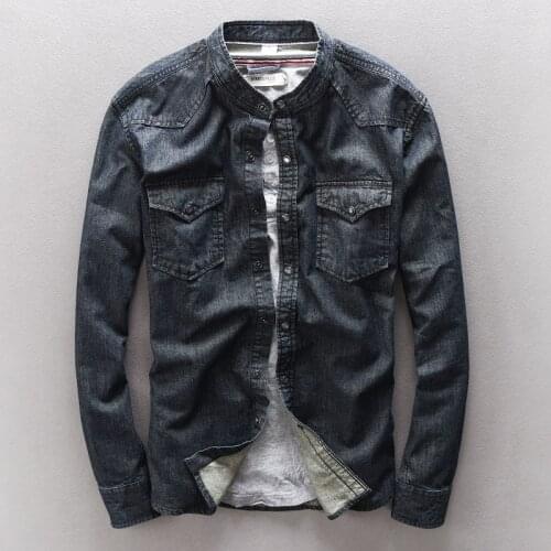 Fashion 2020 New Arrival Mandarin Collar Long Sleeve Denim Shirt Cowboy Classic Black Blue Clothes Jeans Tops Clothing M-XXXL