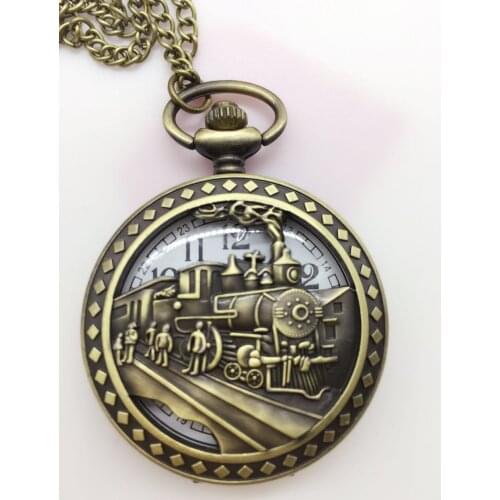 PB286 New Arrive High Quality Antique Clock necklace chain Big Bronze Train Head Pocket Watch With Chain