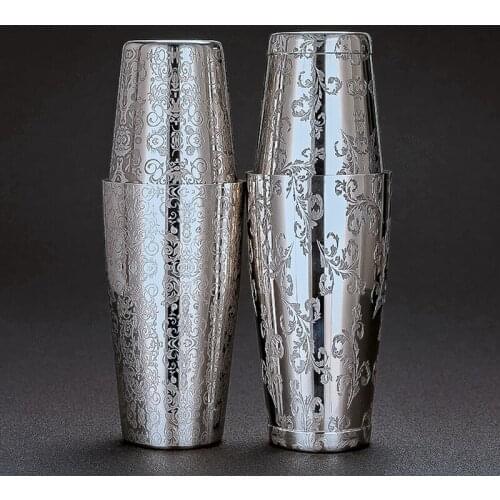 New Style Boston Cocktail Shaker With Etched Pattern Tin Set - 800ml & 500ml