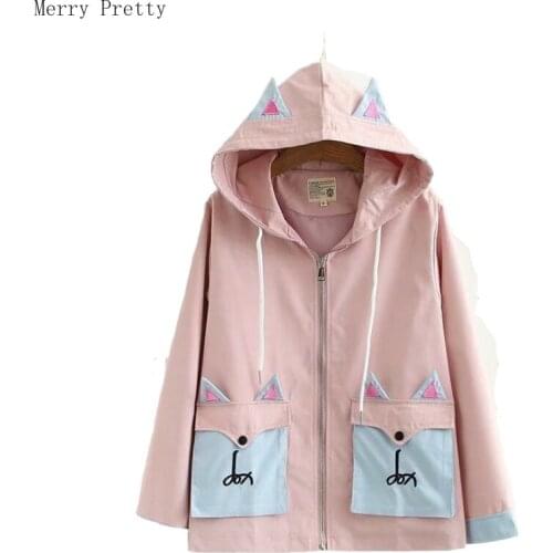 Cartoon Embroidery Coats And Jackets With Horns On Hood 2020 Spring Women Long Sleeve Zipper Harajuku Jacket Female Outerwear