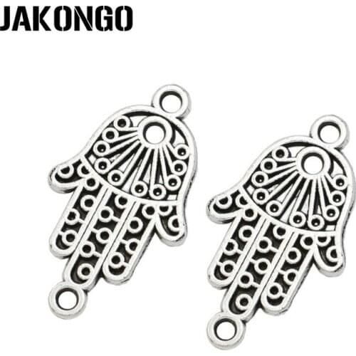 JAKONGO Antique Silver Plated Fatima Hand Connectors for Jewelry Making Findings Accessories DIY Handmade 27x15mm 15pcs/lot