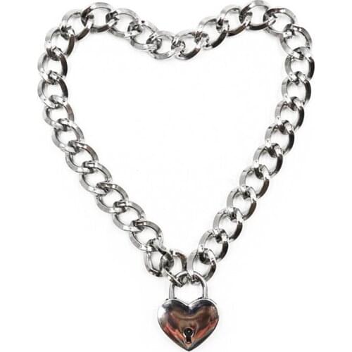 Chastity Fetish Choker Neck Cover with Thick Iron Chains Heart-shaped Locks Collars And Shackles Sex Toy Ring Metal necklace