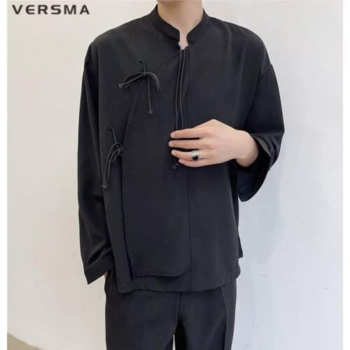 VERSMA Chinese Style Mandarin Collar Baroque Shirt Blouse Men Korean Retro Ribbon Patchwork Personalized Shirt Male Dropshipping