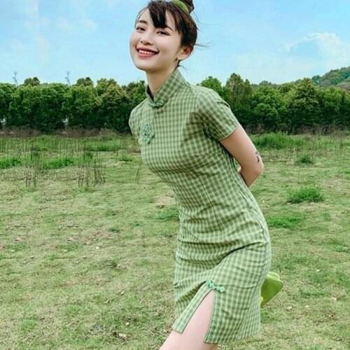 Gothic Green Women Mandarin Neck Short Sleeve Slim Side High Split Cheongsam Goth Female Dark Plaid Party Bodycon Dress