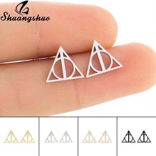 Shuangshuo Simple Fashion Geometric Triangle Stainless Steel Earrings Deathly Hallows Stud Earrings for Women Kids Best Gift