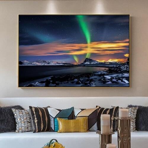 Northern Lights Over Mountains Wall Art Canvas Prints Modern Northern Lights Vareid Flakstad Nordland Norway Canvas Art Painting